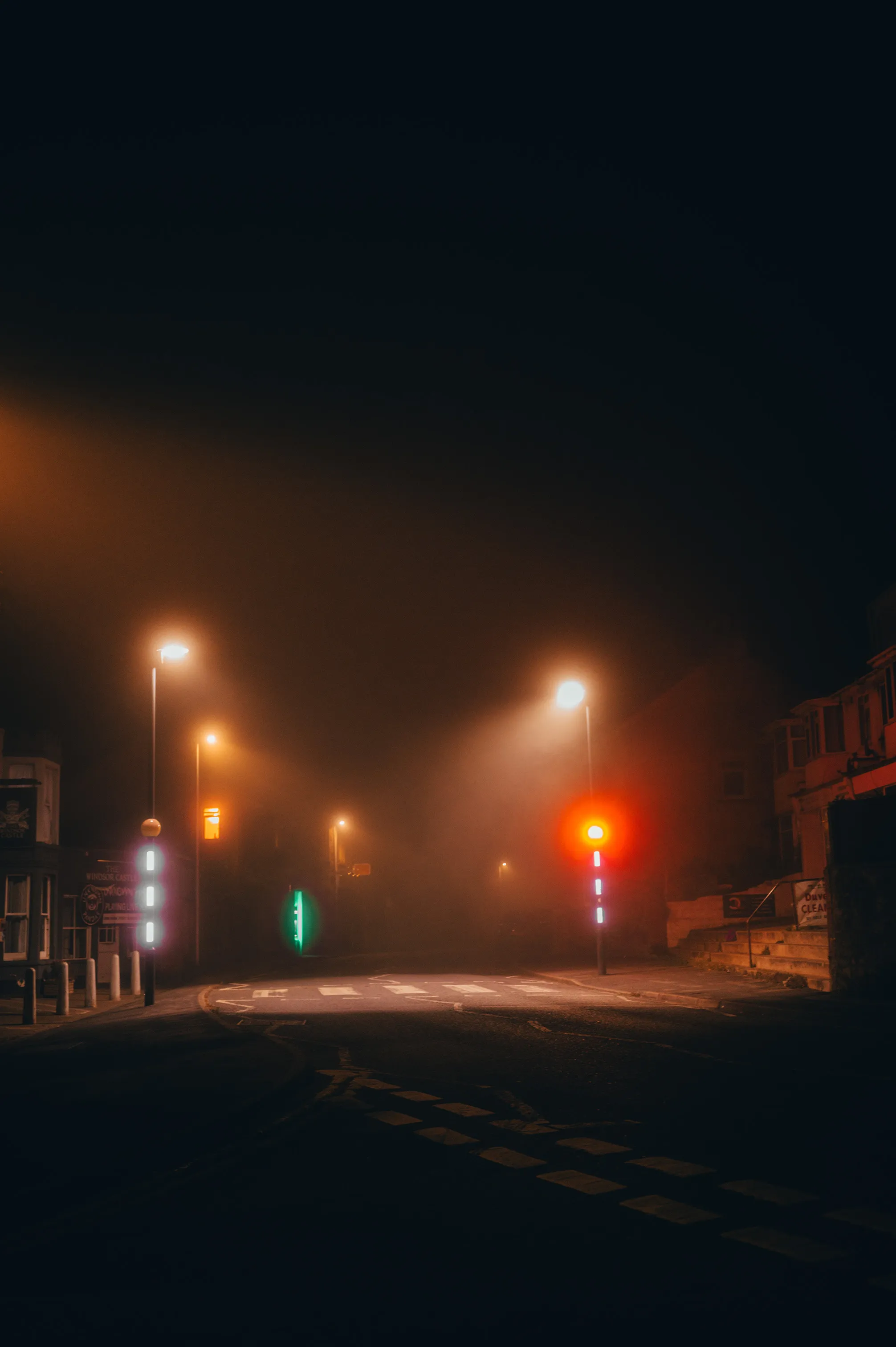 A British street bathed in fog